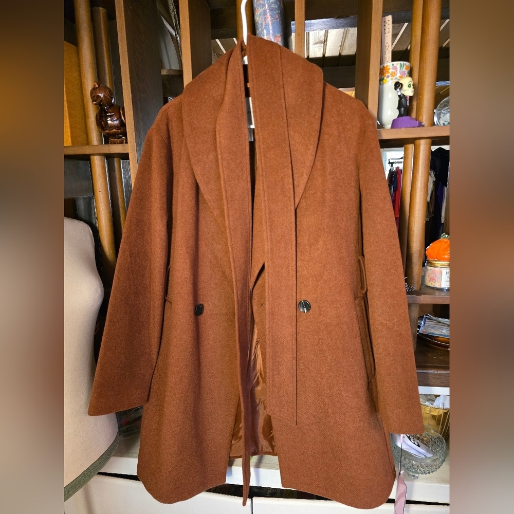 Avec Les Filles Rust Brown Double-Breasted Wrap Tie Waist Wool Blend Coat NWT S